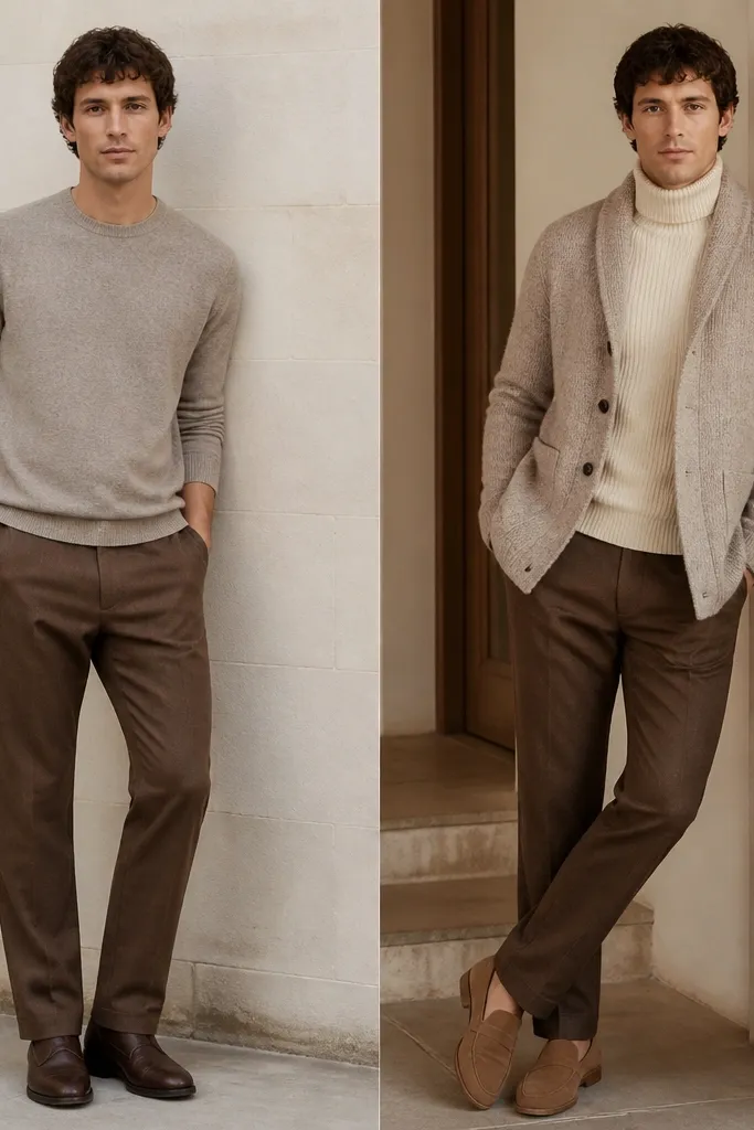 Before shows brown pants with a flat cotton sweater and plain shoes. After shows the pants with a cream ribbed turtleneck, a subtle textured cardigan or coat (light taupe), and suede loafers in tan; everything looks softer and layered.