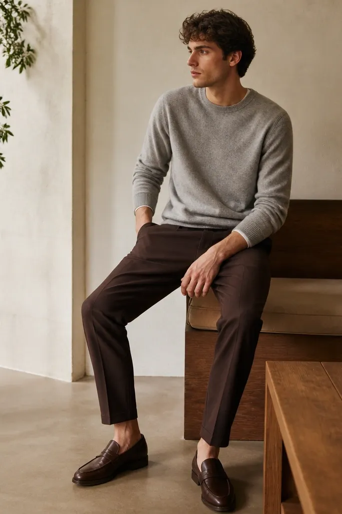 Chocolate-brown tapered trousers with a heather gray crewneck sweater, cuffs slightly showing at the wrist, and dark brown loafers. The outfit is styled for a casual day.