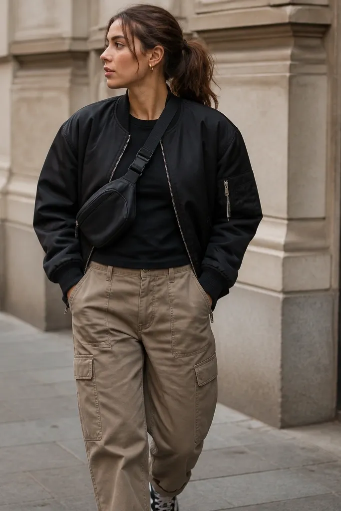 Warm taupe utility-style pants paired with a black fitted T-shirt and a black bomber jacket. A crossbody bag sits across the chest; the scene is street-style casual.
