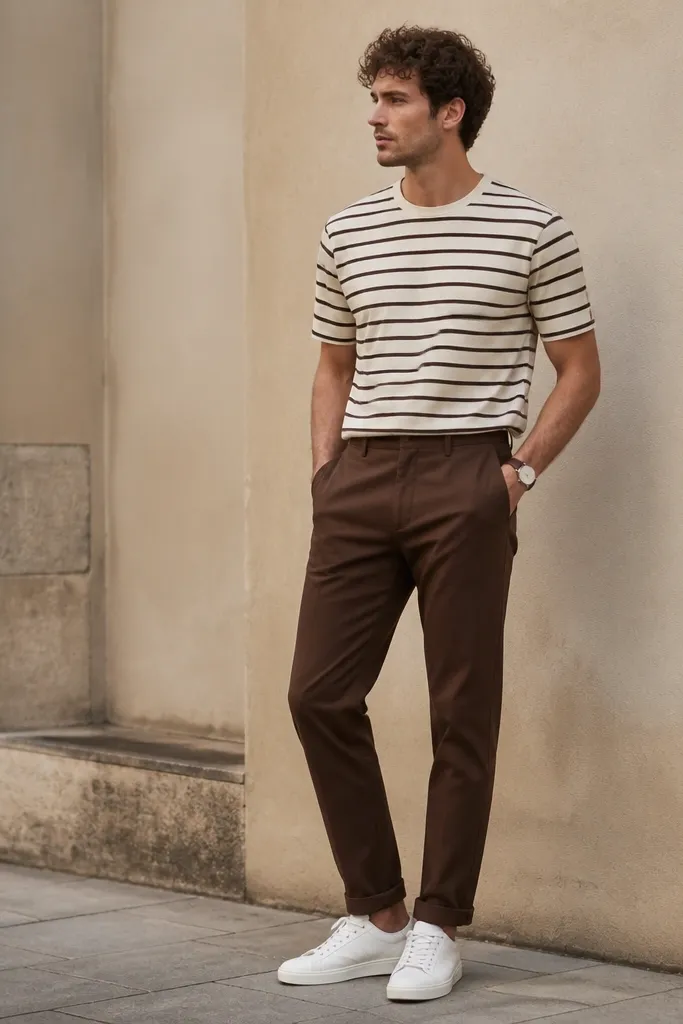 Espresso-brown chinos with a cream-and-brown striped short-sleeve tee tucked slightly in front, paired with white sneakers and a casual wristwatch.