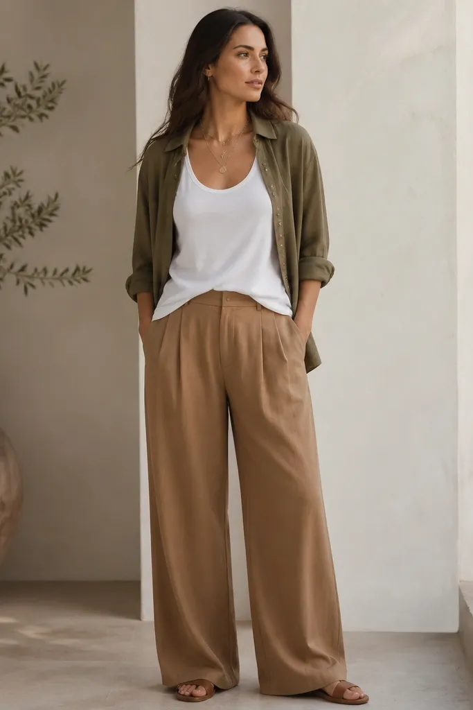 Light brown wide-leg trousers with a longline white tank and a lightweight olive overshirt worn open. The outfit is styled with layered necklaces and flat sandals.