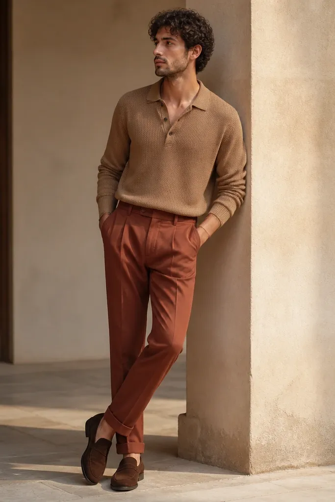 Reddish-brown pants paired with a camel knit polo shirt, buttoned to mid-chest, and brown suede-like shoes. The color palette is warm and earthy.