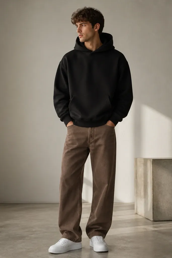 Mocha-brown denim jeans worn with a black hoodie and clean white sneakers. The hoodie is slightly oversized, with cuffs and hem visible.