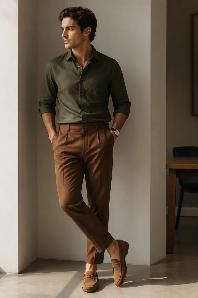 Cognac brown pants styled with an olive button-up shirt tucked in, plus a minimal wristwatch and tan loafers. The outfit looks office-casual.