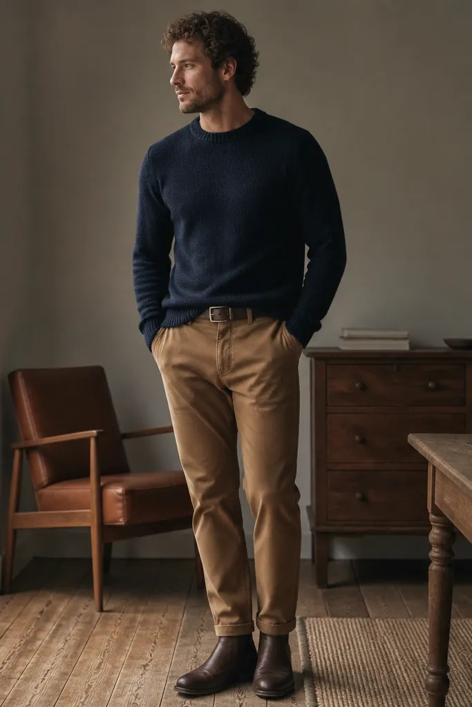 Tan-brown pants with a navy crewneck sweater, paired with dark brown boots and a simple belt. The styling is cozy but sharp.