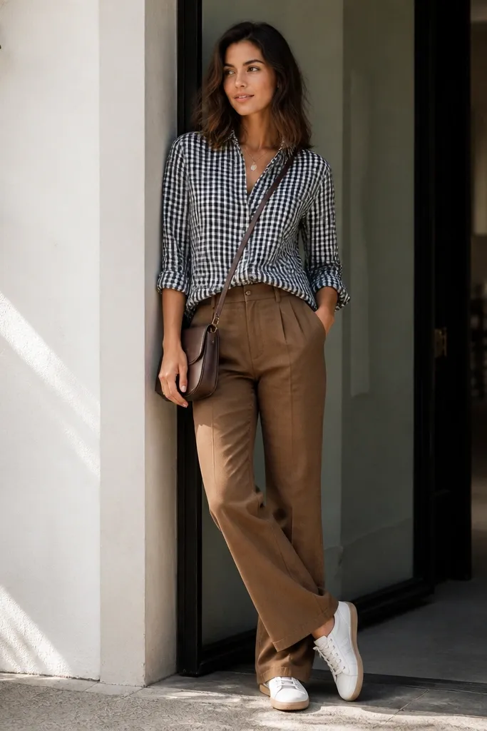 Brown pants paired with a black-and-white check button-down worn partially tucked, with sleeves rolled to the forearm. A crossbody bag and casual sneakers finish the look.
