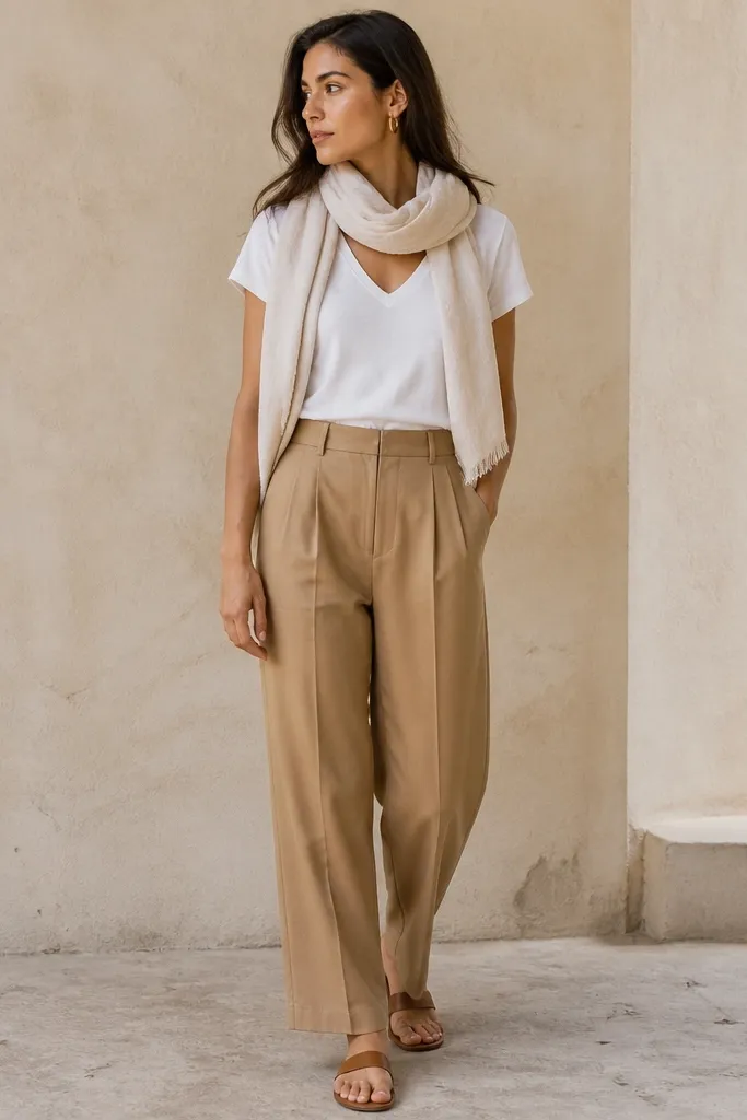 Fawn brown pants styled with a white V-neck tee and a light neutral scarf draped around the neck. The look includes simple sandals and small hoop earrings.