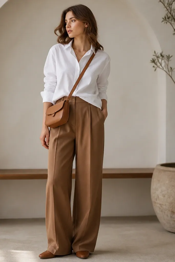 A crisp white Oxford shirt worn half-tucked into caramel brown wide-leg trousers, with a structured tan crossbody bag and brown leather flats.