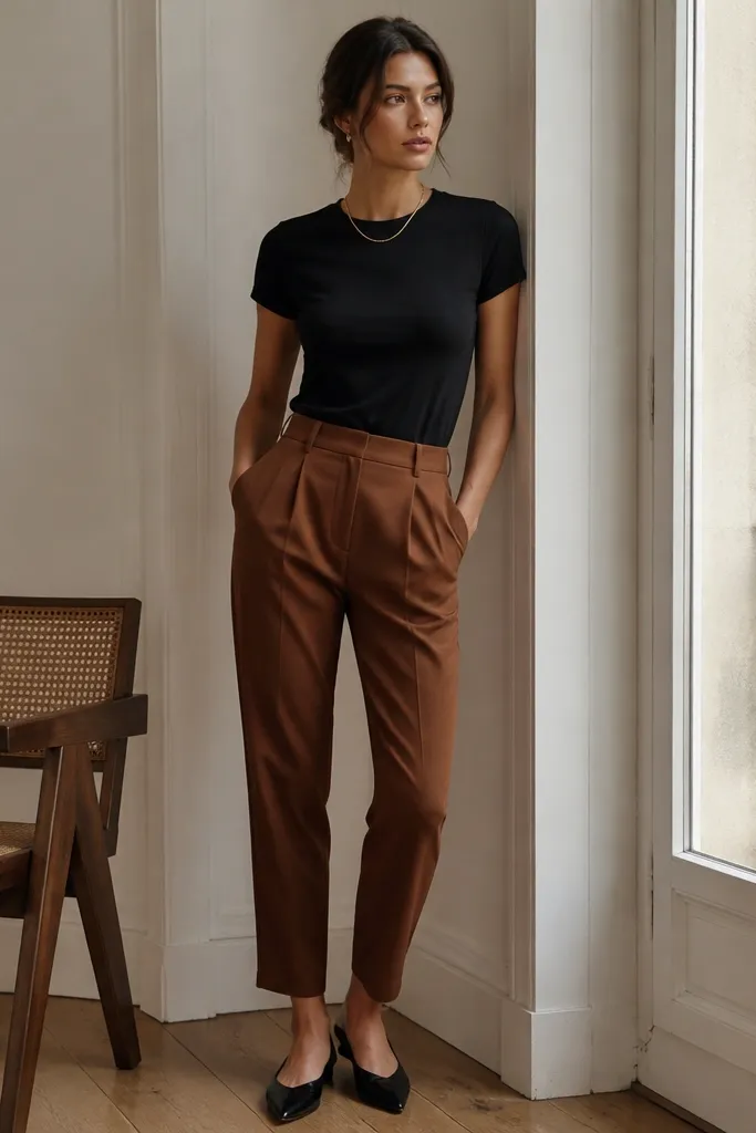 A fitted black short-sleeve tee tucked into cognac brown tapered trousers, styled with a thin gold necklace and black pointed-toe flats.
