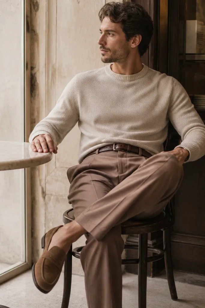 A light beige crewneck sweater over a warm brown pleated trouser, with a belt and suede loafers; the outfit is styled on a cafe chair near daylight.
