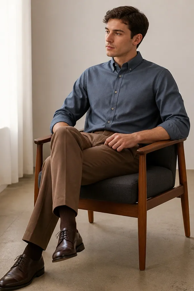 A slate blue button-up worn fully buttoned with sleeves rolled to the forearm, paired with medium brown straight-leg trousers and dark brown oxfords.