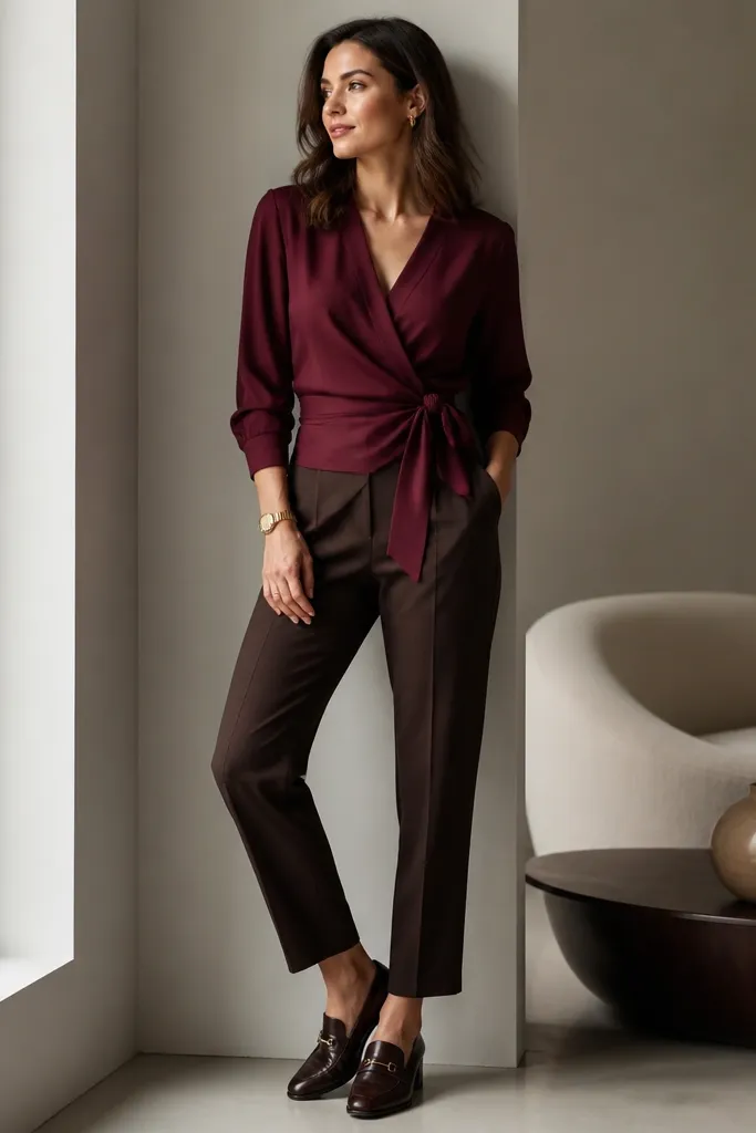 A burgundy wrap blouse tied at the waist over espresso brown ankle-length trousers, styled with a gold watch and heeled loafers.