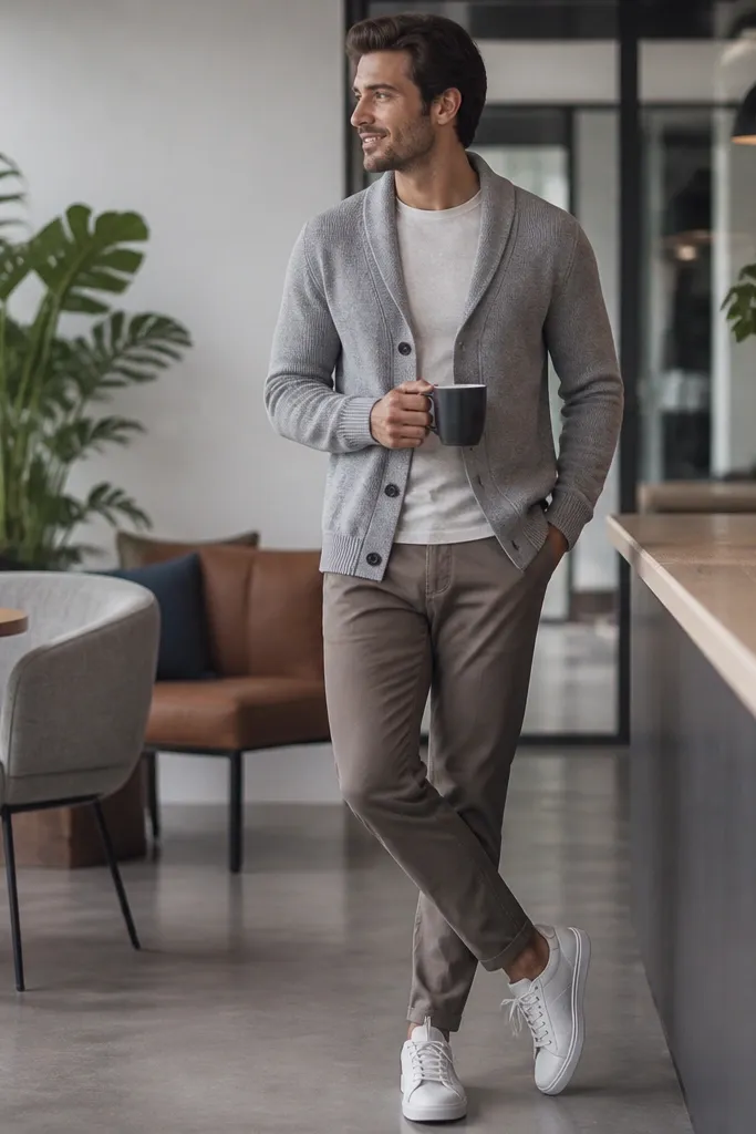 A heather gray cardigan layered over a light top, worn with taupe-brown chinos and white sneakers; the scene is a modern office break area.