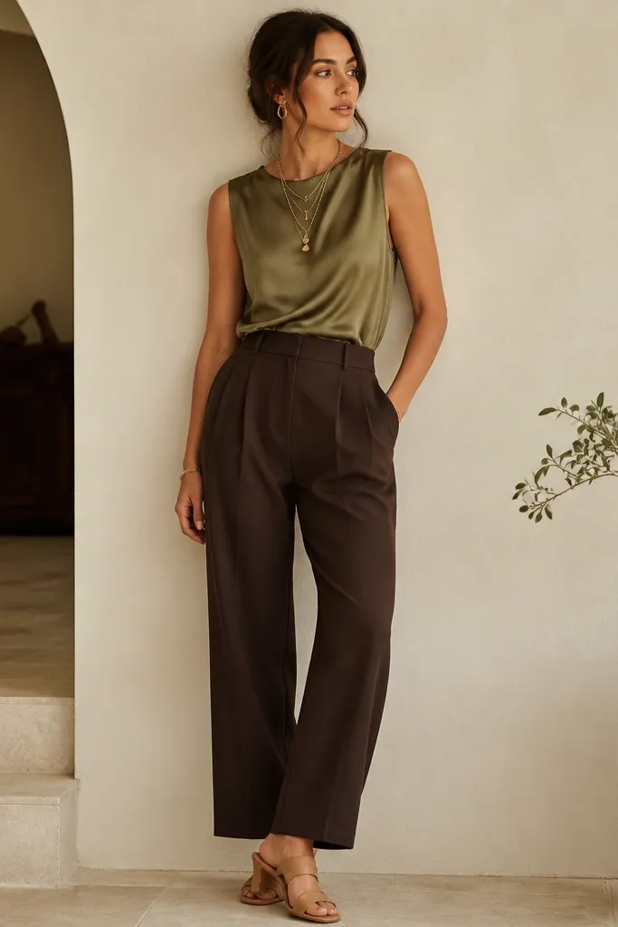 An olive sleeveless blouse with a subtle sheen tucked into dark brown high-waist trousers, paired with a layered necklace and tan heeled sandals.