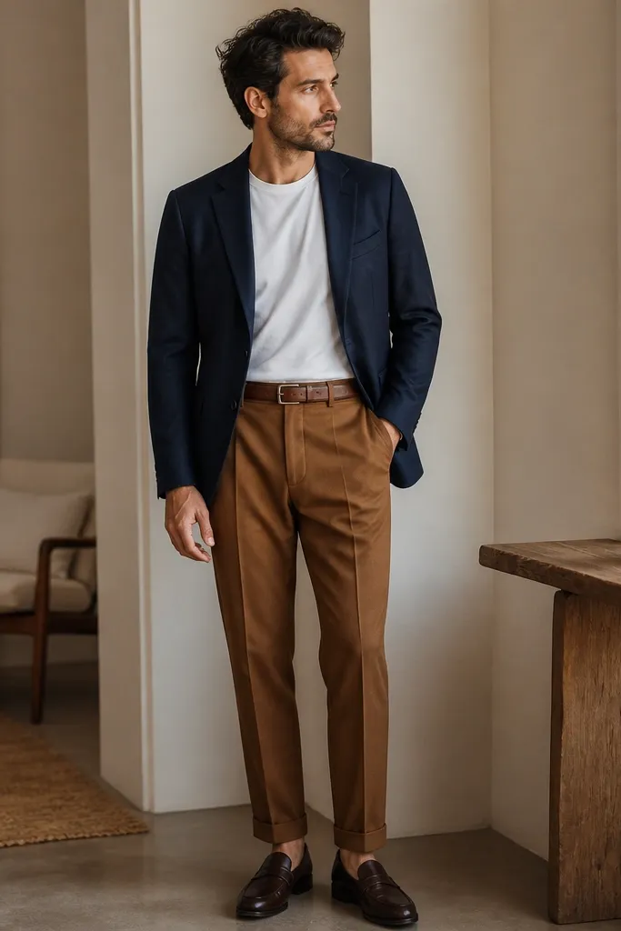 A navy blazer worn over a white crew tee, tucked into caramel brown trousers, with a brown leather belt and dark loafers.