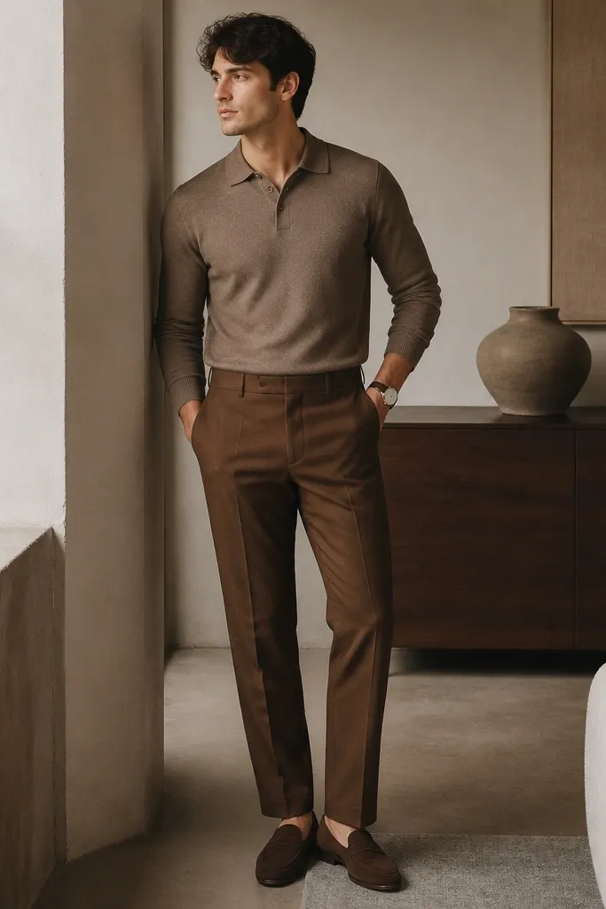A mocha knit polo shirt tucked into medium brown straight-leg trousers, styled with a simple watch and brown suede loafers.