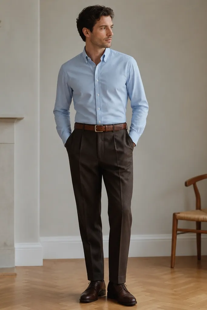 Man in dark chocolate pleated trousers paired with a light blue Oxford button-down shirt tucked in. He wears a medium-brown leather belt and dark brown leather lace-up shoes; neutral indoor lighting.