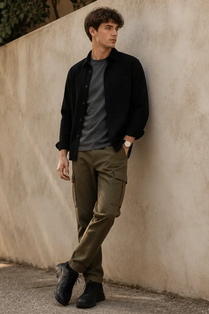 Man in olive-brown cargo pants with a black overshirt layered over a gray crew tee. He wears black sneakers and a simple watch; outfit is photographed outdoors near a wall.