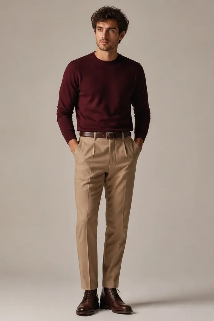 Man wearing tan, suit-like trousers with a burgundy crewneck sweater. He’s paired with dark brown leather boots and a matching belt; indoor studio shot with clean backdrop.