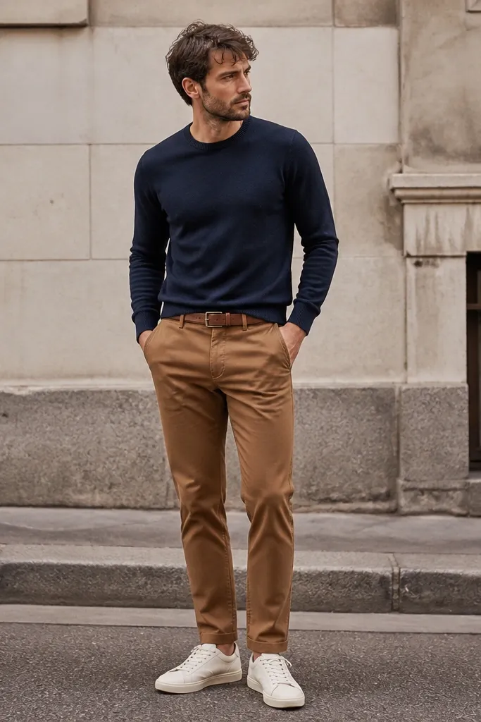 Man in medium brown chinos with a navy crewneck sweater and white low-top sneakers. Belt matches the chinos; photo shows a simple street background.