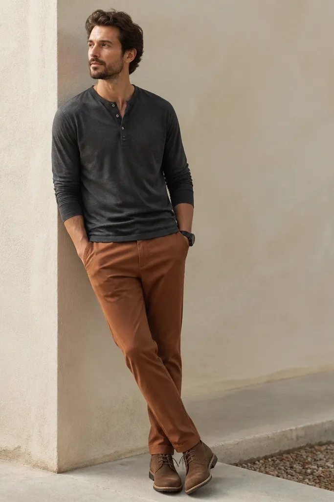Man wearing rust-brown trousers with a charcoal long-sleeve henley. He has a black watch and brown suede desert boots; the outfit is photographed in soft daylight.