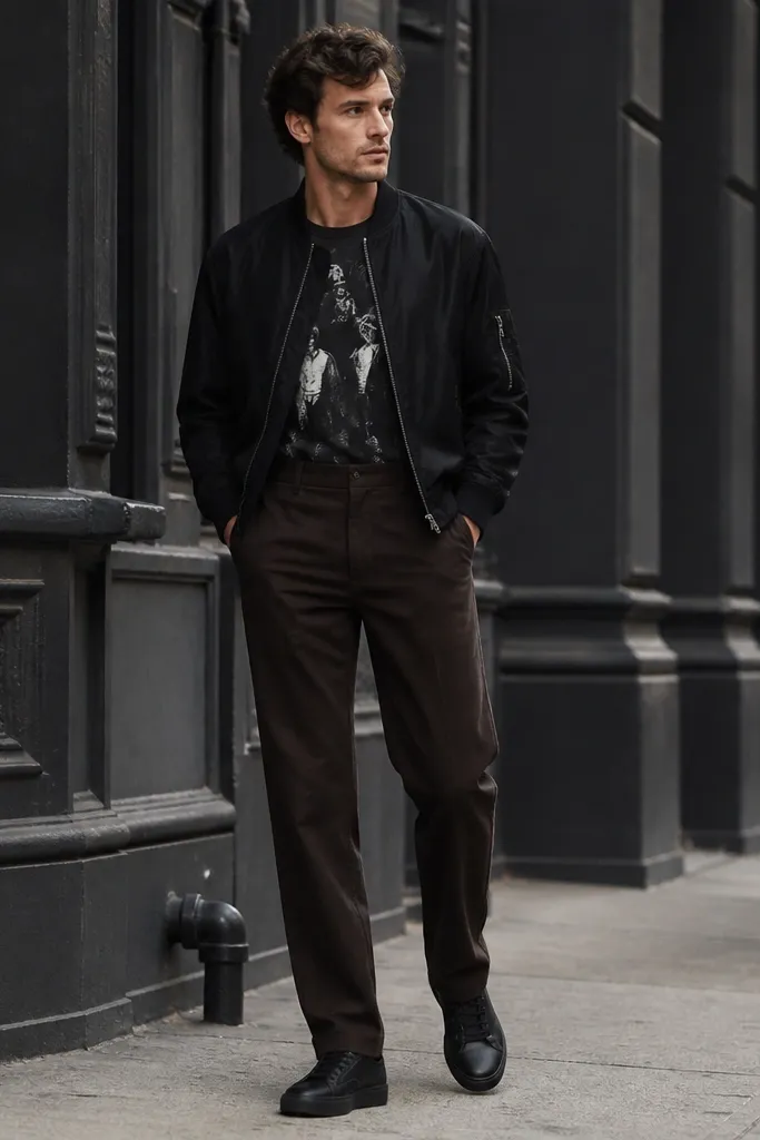 Man wearing dark brown straight-leg pants with a black graphic tee and a short black bomber jacket. He’s paired with black sneakers; urban background with natural light.