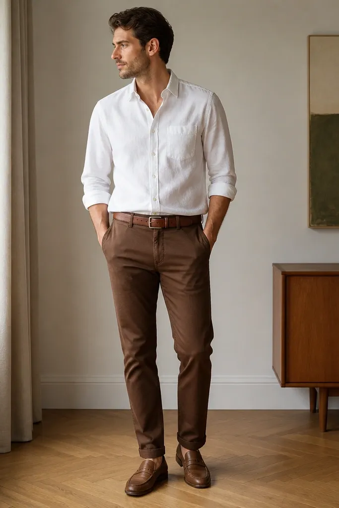 Man wearing cocoa-brown chinos with a white chambray button-down partially tucked. He has a medium-brown belt and casual loafers; photo taken in a clean indoor setting.