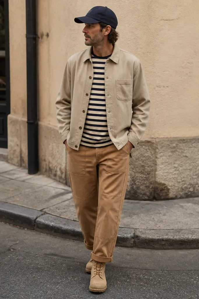 Man in tan workwear pants with a navy-and-cream striped tee underneath a neutral beige overshirt. He wears tan boots and a cap; background shows a casual street corner.