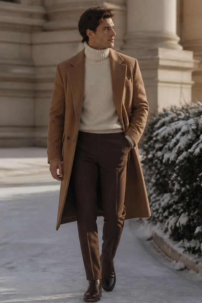 Man in chocolate-brown tapered trousers paired with a cream ribbed turtleneck. He wears a long camel overcoat and dark brown shoes; winter-style photo with soft shadows.