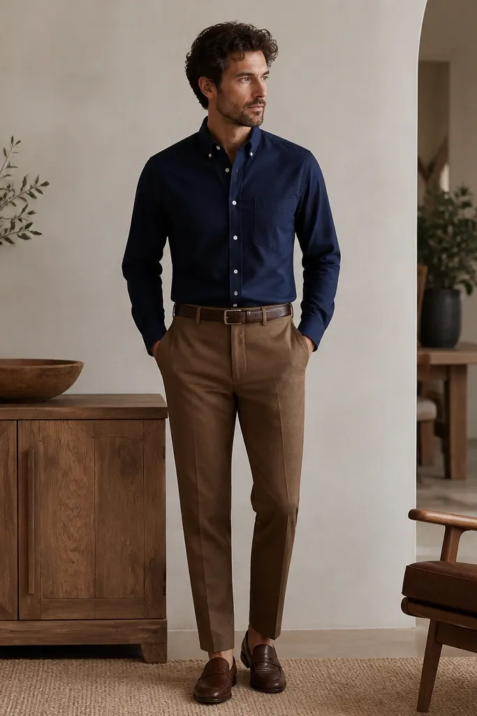 A man in a navy button-down oxford shirt tucked into medium brown trousers, wearing polished brown leather loafers and a dark belt.