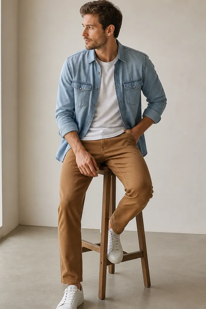 A man wearing a light blue denim button-up over a plain white tee, with caramel-brown jeans and white trainers.
