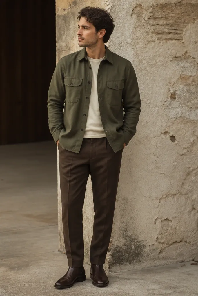 A man wearing an olive utility overshirt layered over a cream t-shirt, with chocolate-brown tapered trousers and dark brown leather boots.