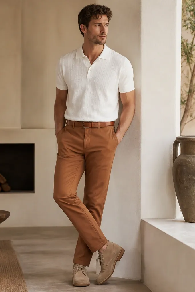 A man in a white knit polo shirt tucked into cognac chinos, wearing tan suede desert boots and a simple matching belt.