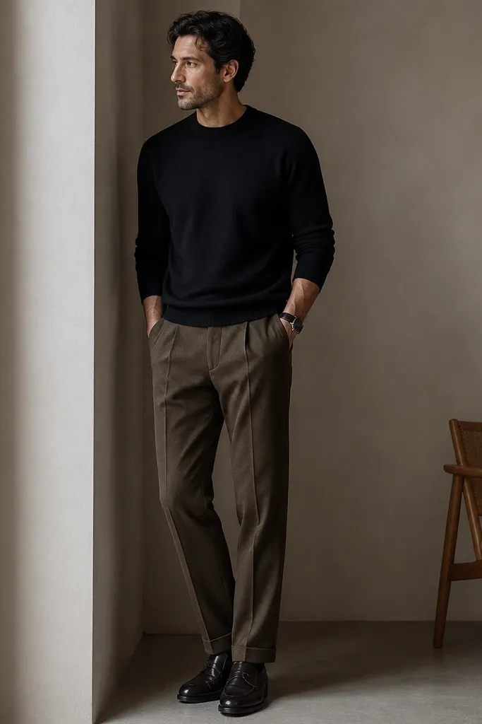 A man wearing a black crewneck sweater with medium brown pleated trousers, paired with dark leather shoes and a black watch.