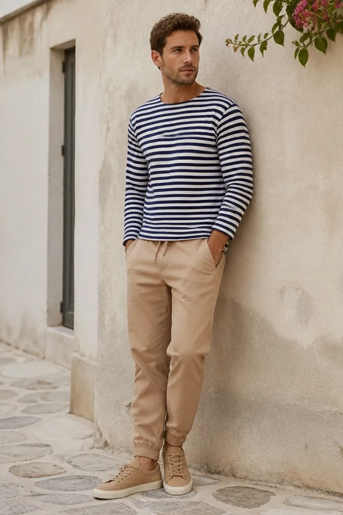 A man wearing a navy-and-white striped Breton tee with tan joggers and tan canvas sneakers, standing outdoors with a relaxed posture.