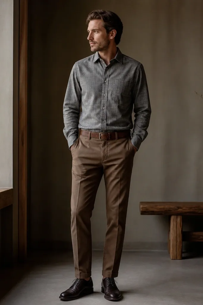 A man in a gray flannel button-up tucked into mocha-brown pants, wearing dark leather oxford shoes and a thin brown belt.