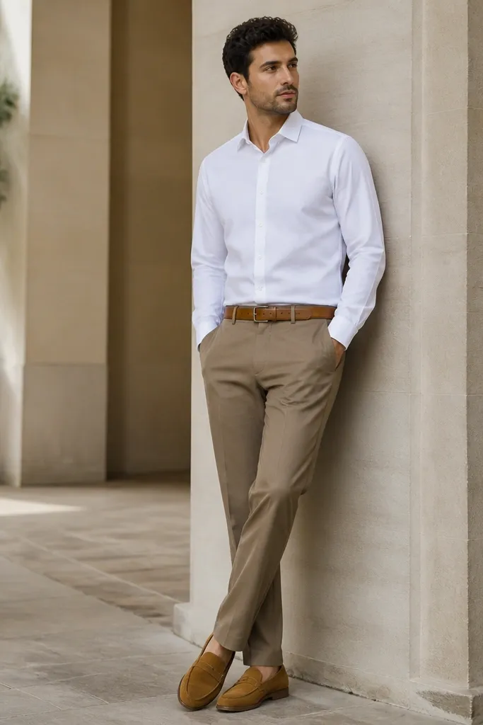 A man wearing a crisp white button-down shirt tucked into light brown straight-leg pants, with a medium brown leather belt and tan loafers.