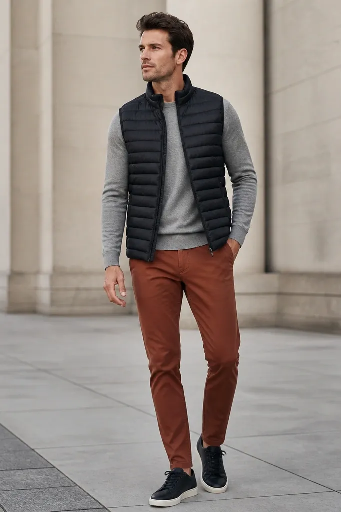 A man wearing a black puffer vest over a gray long-sleeve shirt, paired with rust-brown chinos and dark sneakers.