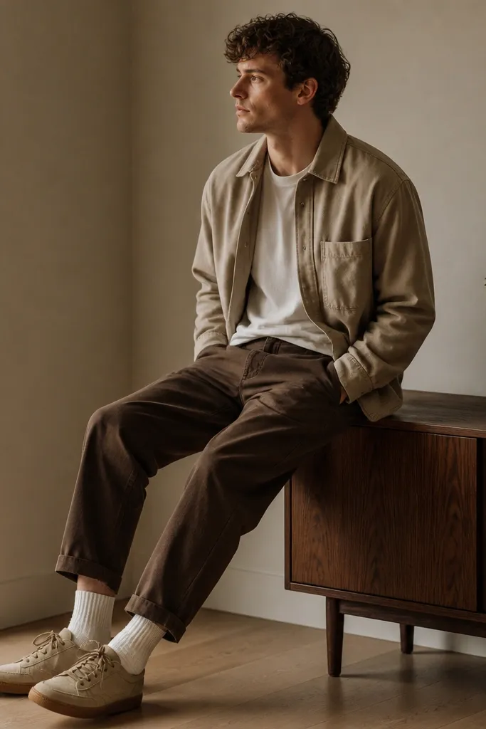 A man wearing a tan overshirt over a white tee, with brown pants in a slightly darker shade, and low-profile shoes with white crew socks.