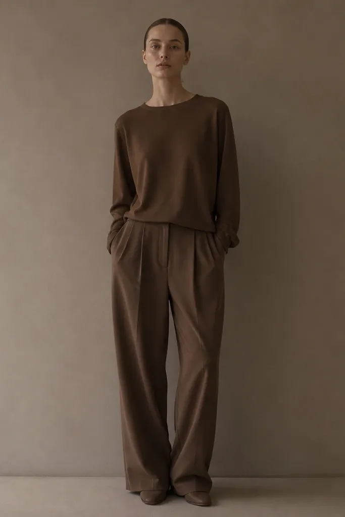 Outfit photo with brown pants and a very similar brown top, both in the same depth; the model looks washed out and the silhouette merges into one block of color.