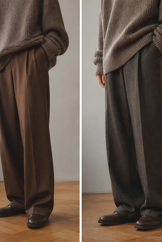 Side-by-side styling examples: one outfit shows lightweight brown trousers with an oversized thick sweater; the other shows the same sweater paired with heavier wool pants, both photographed from the waist down to highlight drape.