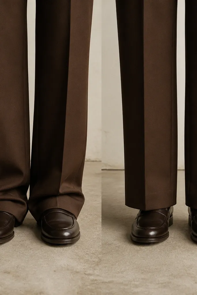 Two hem examples on brown pants: left shows fabric pooling over the shoe; right shows the hem stopping just above the shoe with a clean line, both photographed straight-on.