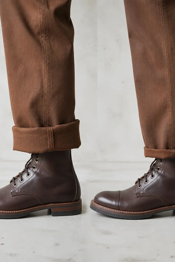 Photo showing two cuff styles on brown pants: one cuff is thick and bulky, the other is a slim single cuff; both are shown on the same shoe for comparison.