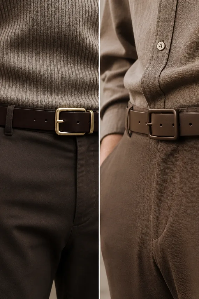 Outfit close-up focusing on a belt: one version has a bright shiny buckle against matte pants; the other uses a matte buckle and a belt in a matching brown tone.