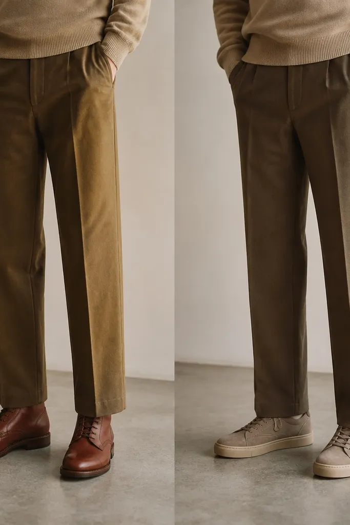 Two shoe pairings under the same brown pants: one shows a red-brown boot with golden pants, looking off; the other shows a neutral taupe sneaker that blends naturally, looking balanced.
