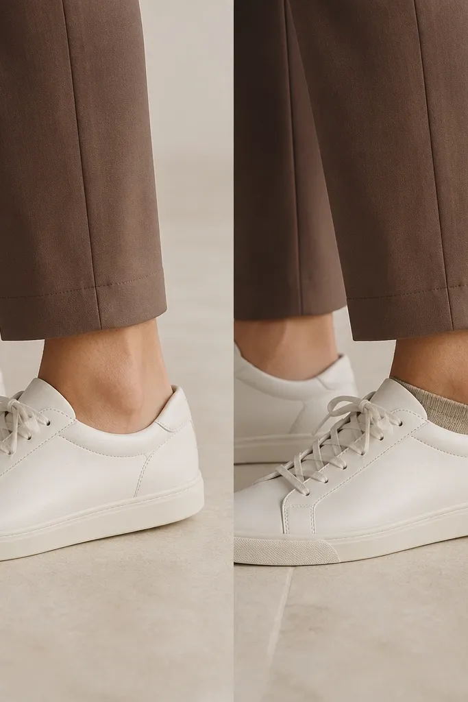 Leg/ankle close-up of brown pants with bare ankle showing a gap above the shoe; next to it is the same outfit with a low-cut sock in a matching neutral tone.