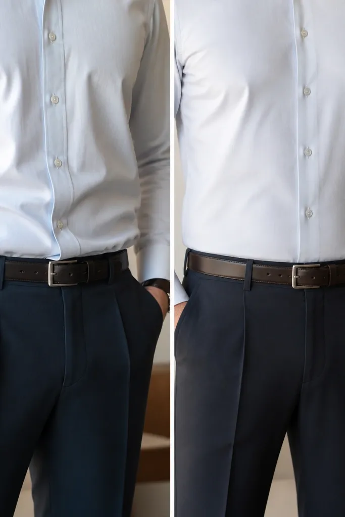 Two waist-level looks: left shows a bulky, over-tucked shirt creating folds at the belt line; right shows a clean tuck with the shirt lying flat against the pants.