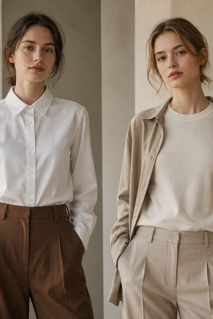 Two outfits: one with a stiff button-down collar under brown high-rise pants; the other with a softer crewneck top and relaxed collar under mid-rise pants, photographed showing neckline balance.