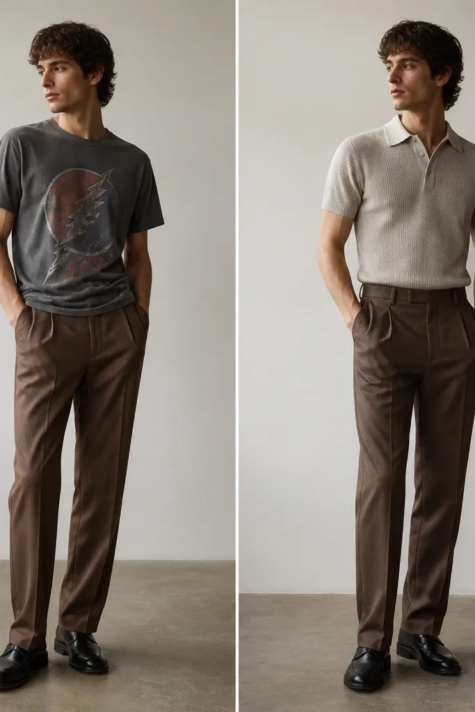 A tailored brown trouser paired with a graphic tee that bunches and wrinkles at the waist; the comparison shows a knit polo tucked cleanly into the same pants.