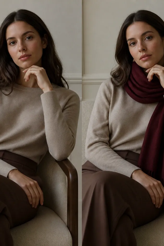 Outfit with brown pants and neutral top only, looking muted; next to it is the same setup with a burgundy scarf and gold earrings adding contrast.